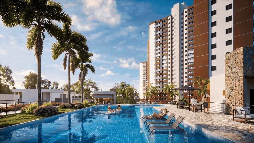 Perspectiva ilustrativa da piscina e das torres