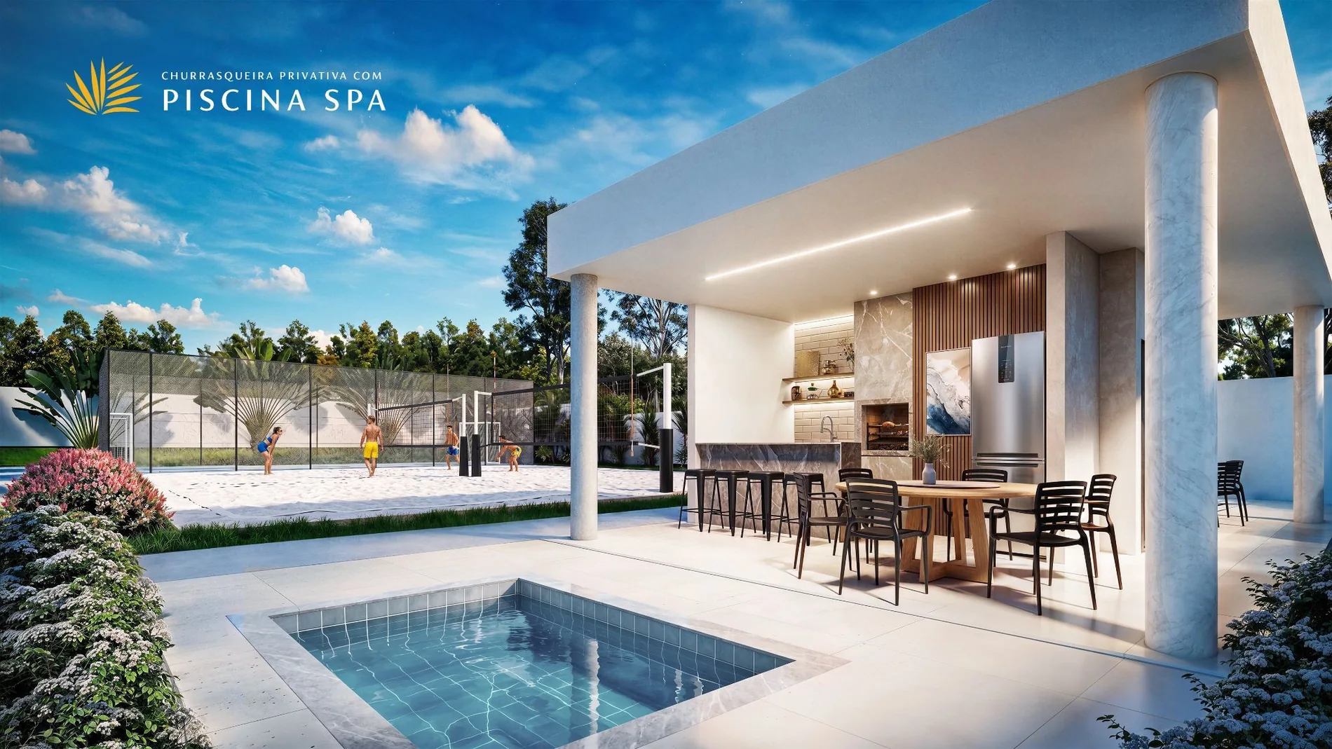 Perspectiva ilustrativa da piscina spa e espaço de convivência